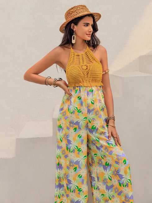 Openwork Halter Neck Floral Wide Leg Jumpsuit - Odaingerous